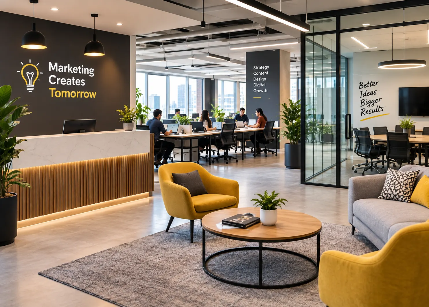 Modern marketing agency office featuring flexible workspaces, stylish meeting areas, improved lighting, organized reception space, comfortable furniture, indoor plants, and collaborative desks, demonstrating practical property upgrades designed to enhance productivity, creativity, employee comfort, client impressions, and workplace functionality.